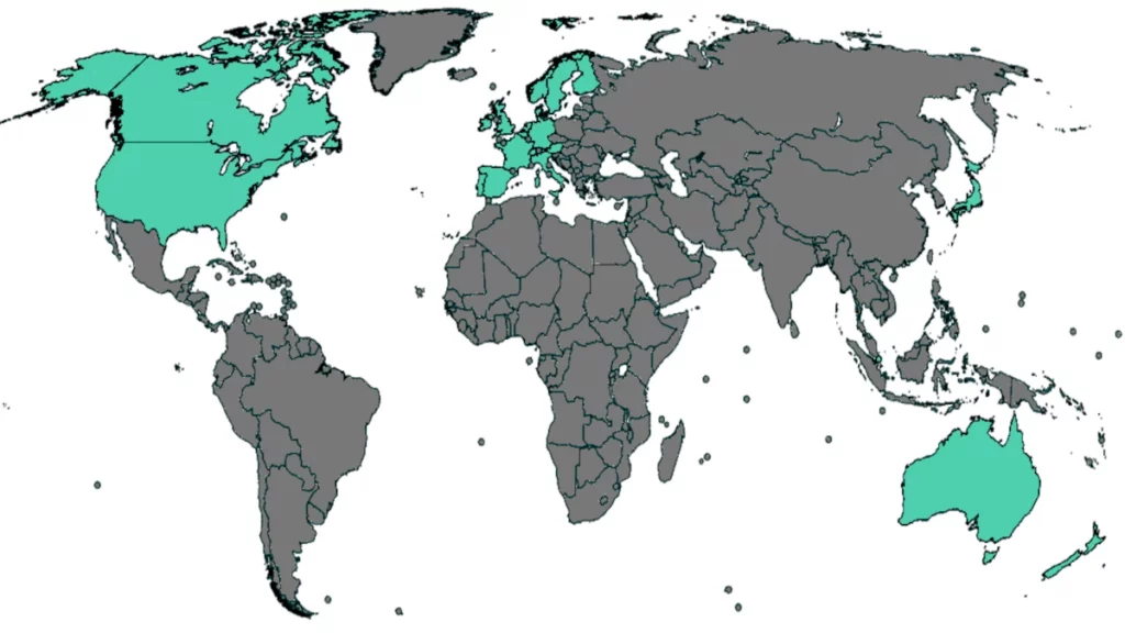Mappa dei paesi inclusi nell'indice MSCI World.