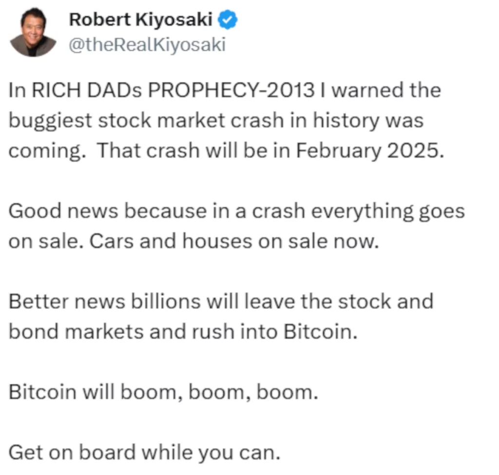 Il tweet di Robert Kiyosaki del 27 Gennaio avverte dell'imminente crash.